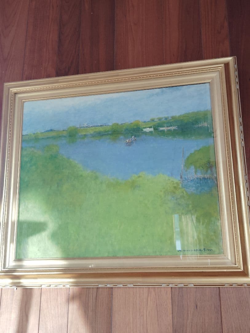 春の河原の絵　92cmx80cm M. Ondera 風景画 金色フレーム付