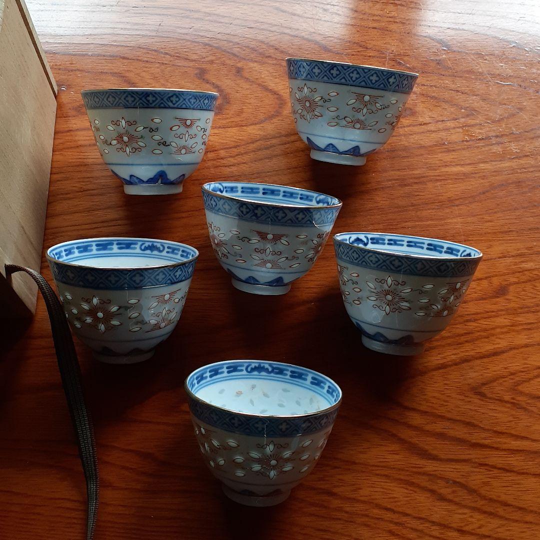 玩玉景徳鎮　蛍焼 透かし模様　湯吞み6客セット　木箱付き