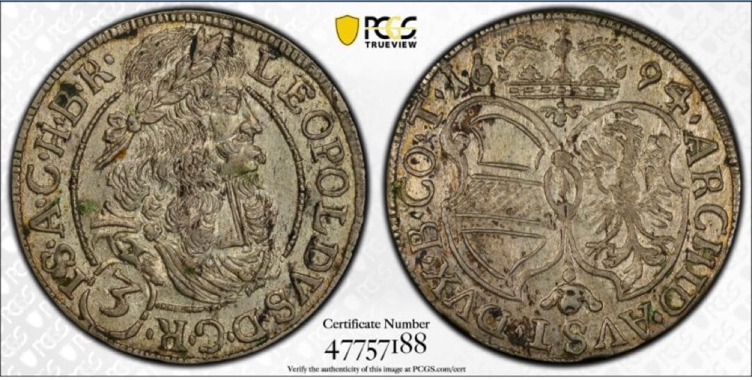レオポルト1世　神聖ローマ帝国　1694年　銀貨MS62 PCGSオーストリア
