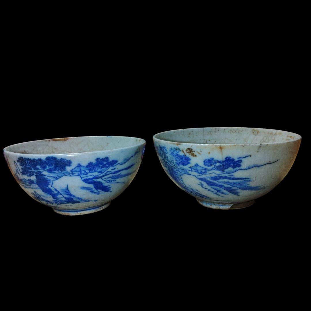 清代　山水楼閣文煎茶茶碗　金継ぎ
