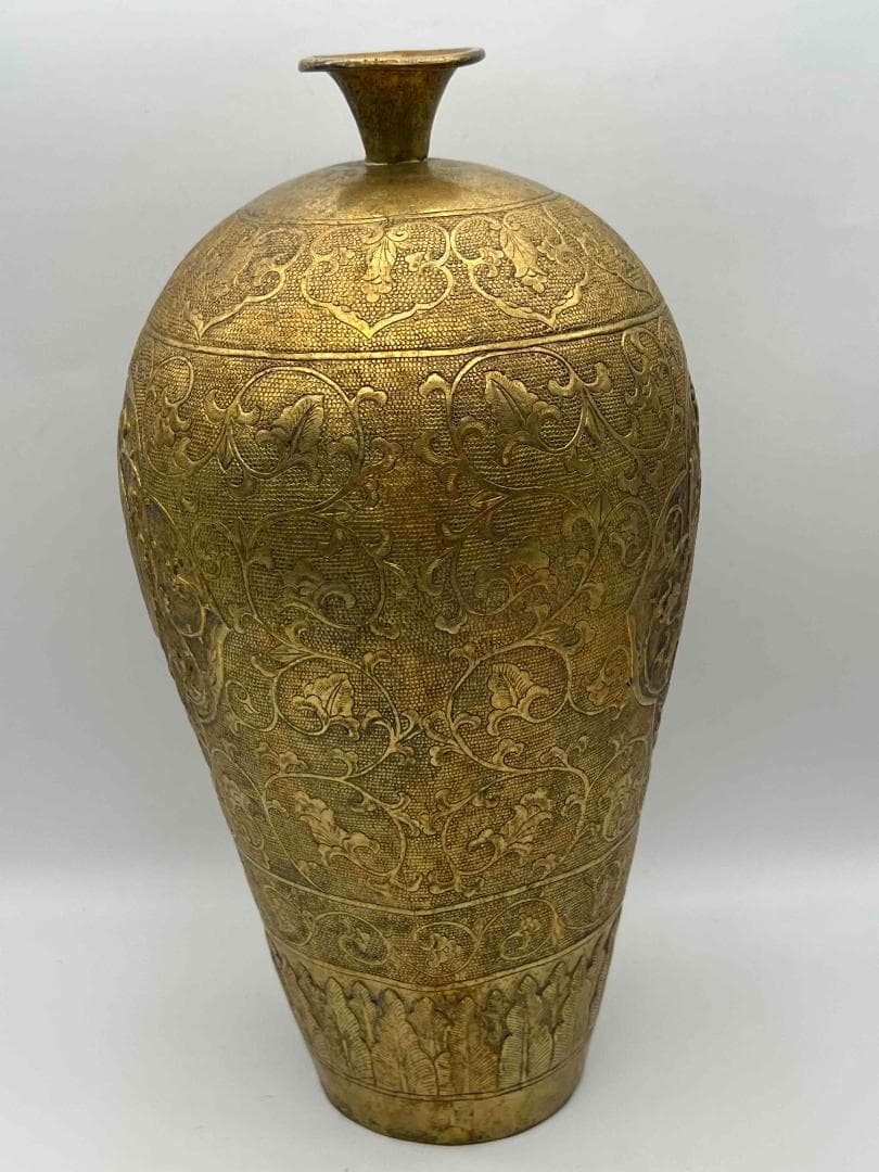 唐時代　金象嵌　鏨彫龍鳳吉祥蓮唐草花芭蕉文大瓶　瑞獸図　瑞龍鳳凰紋(E-83)