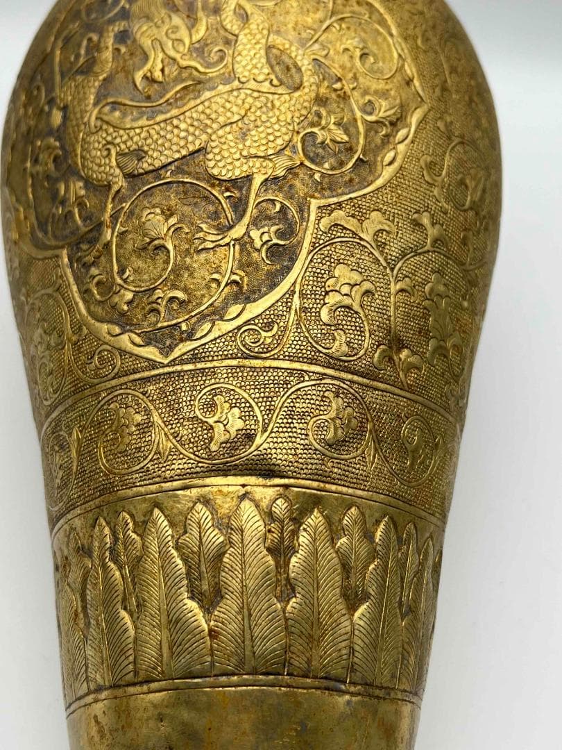 唐時代　金象嵌　鏨彫龍鳳吉祥蓮唐草花芭蕉文大瓶　瑞獸図　瑞龍鳳凰紋(E-83)