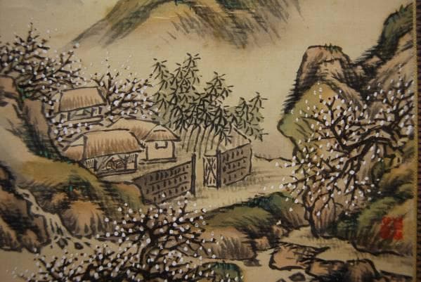 真作/森琴石/青緑春景山水画賛/軸先紫檀/桐題箱付/布袋屋掛軸HB-767