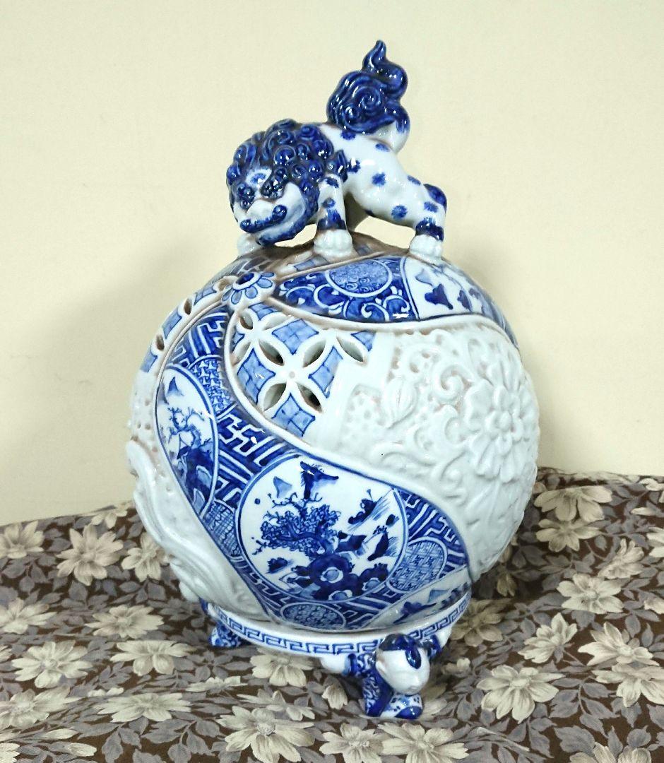 稀少 在銘 陶器製 中国 五良大甫呉祥瑞造 染付 獅子 香炉 高さ20.5cm