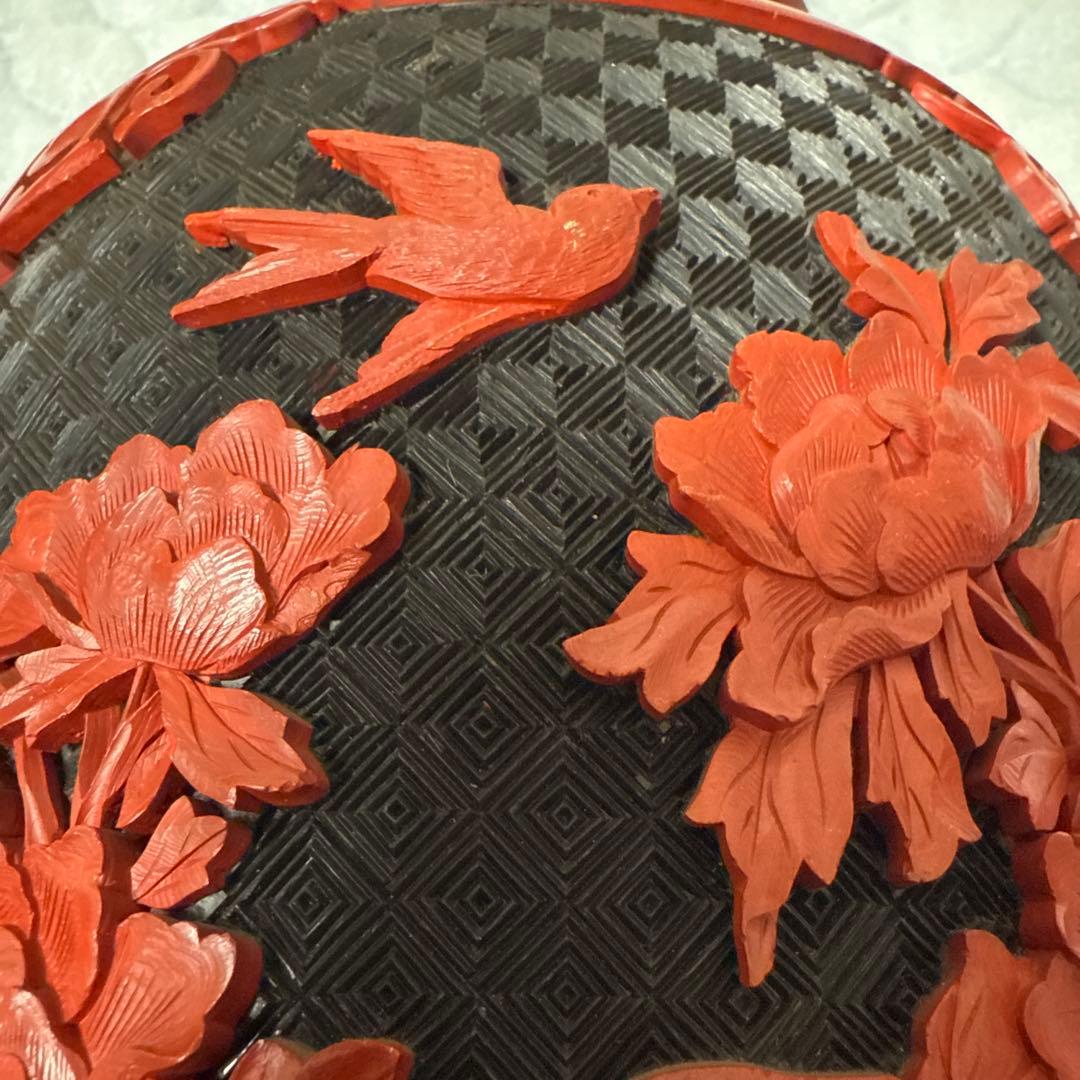 中国美術 大花瓶 堆朱 堆黑 花鳥 唐木台 紫檀 花梨 一輪挿し美品