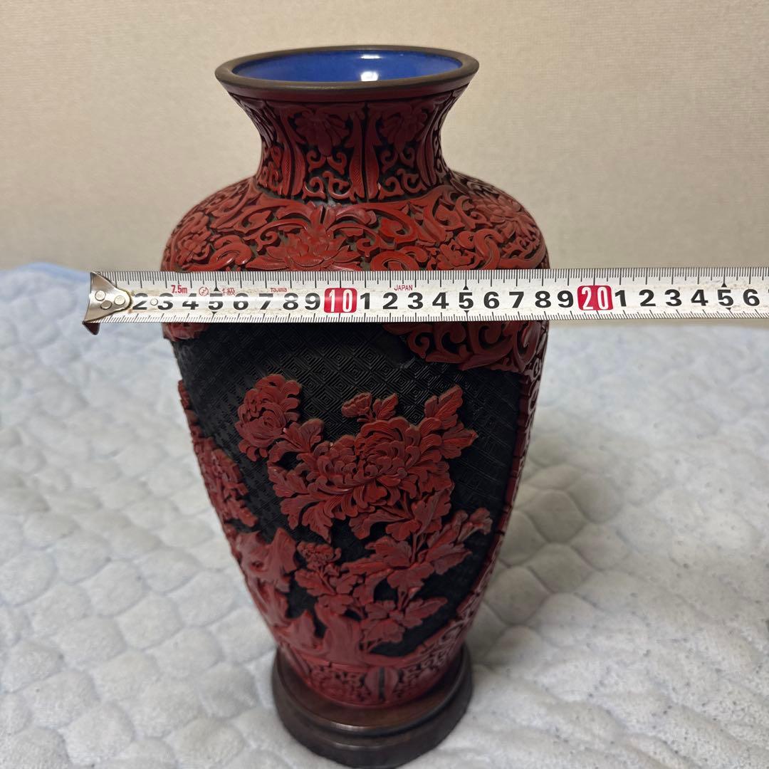 中国美術 大花瓶 堆朱 堆黑 花鳥 唐木台 紫檀 花梨 一輪挿し美品