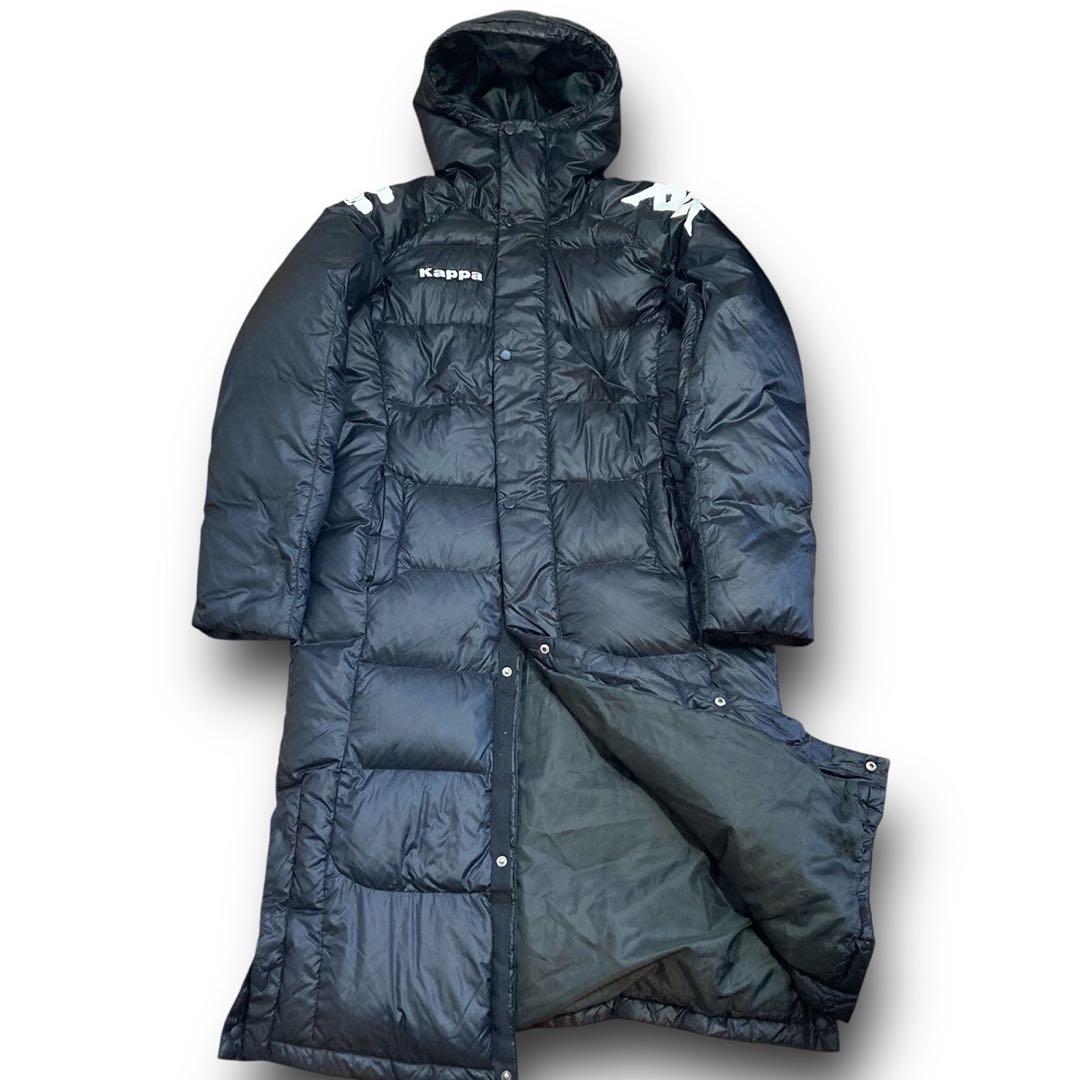 ◆kappa ロングダウン　ベンチコート　ブラック　ロゴ　フード　M