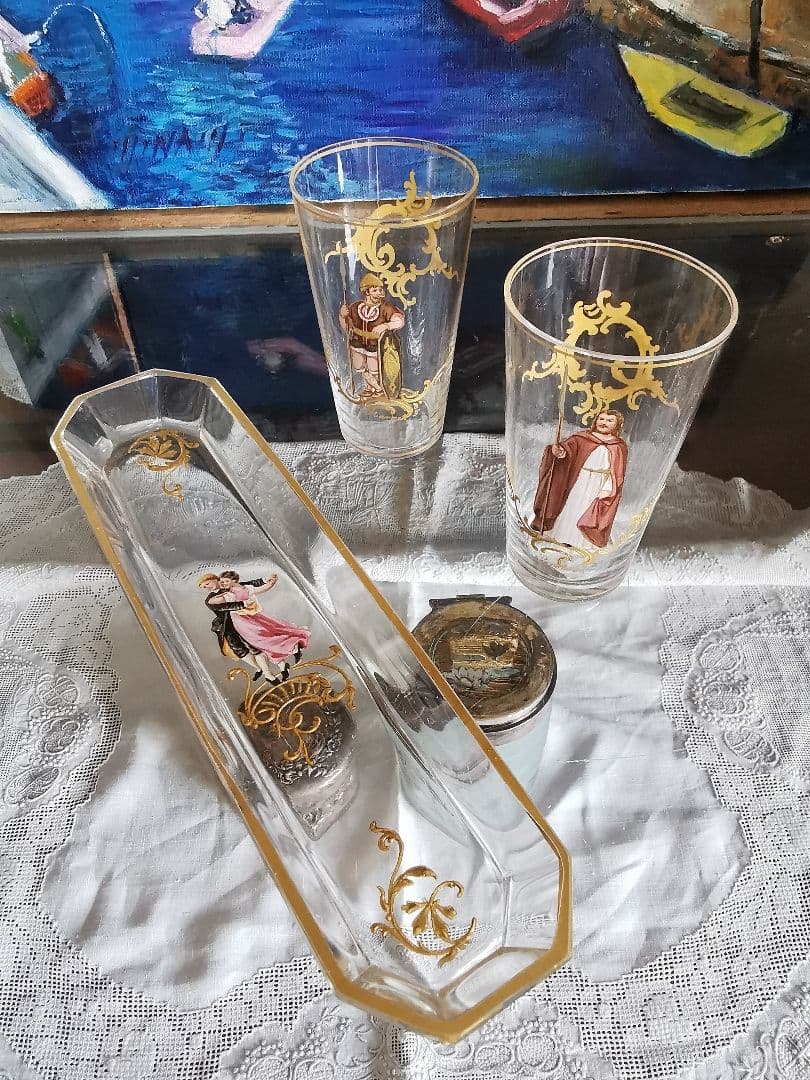 アンティーク ロブマイヤー 手描きエナメル盛上げ金彩 ペアのダンス 八面体トレイ