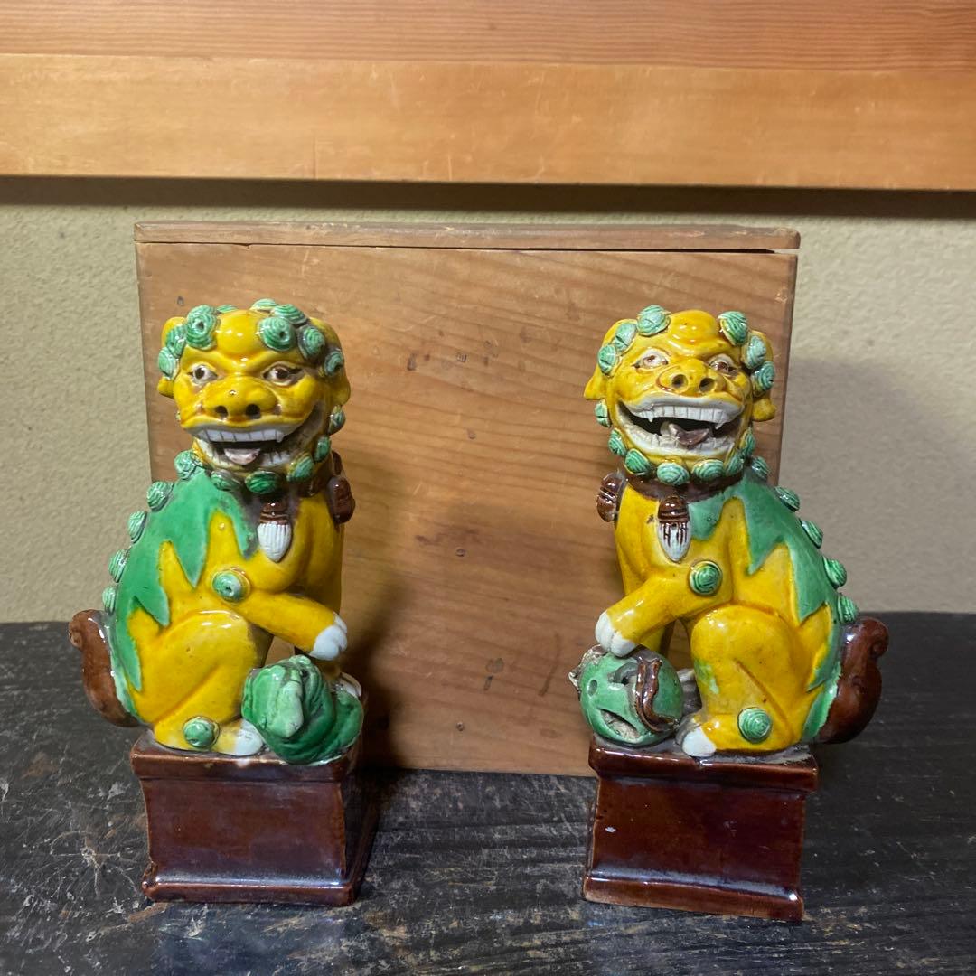 中国古玩　唐獅子一対【桐箱付】