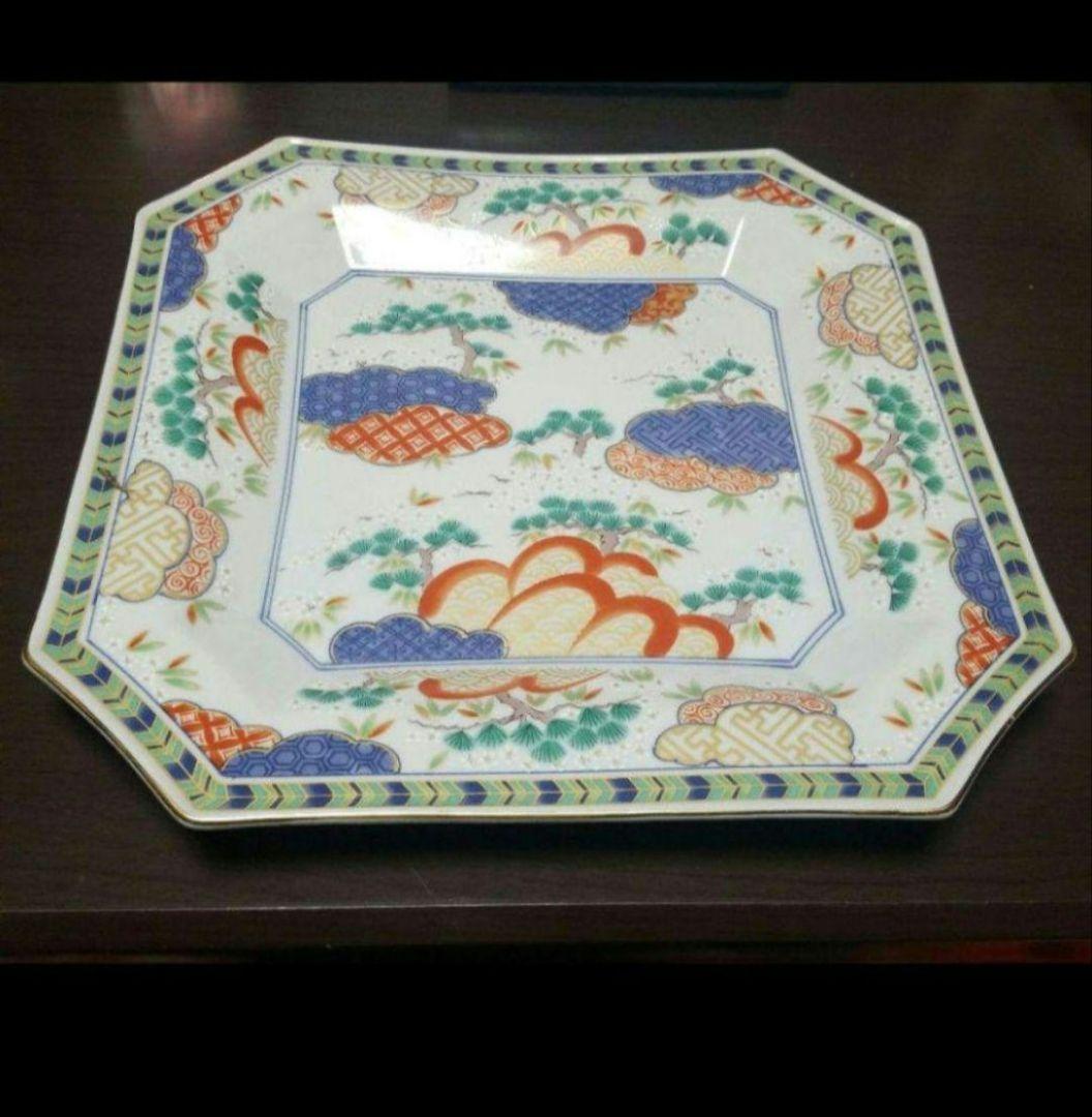 八角形 陶磁器皿 雲と花の模様有田　翔山　レア色絵