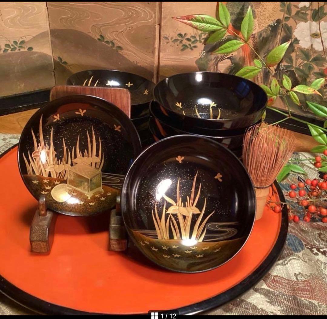 A1061 木製輪島塗　懐石道具　衝羽根に流水菖蒲　蒔絵　2客