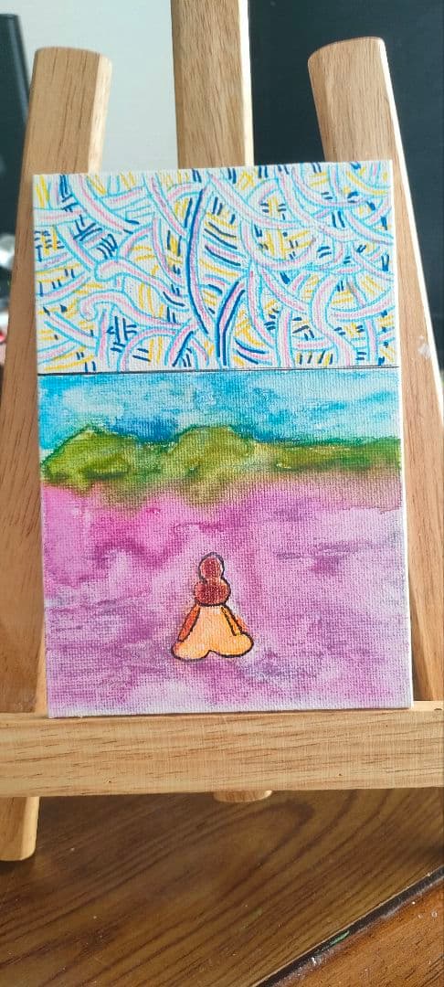 ドローイング瞑想少女#5ハガキサイズ アクリル画 幾何学模様と風景