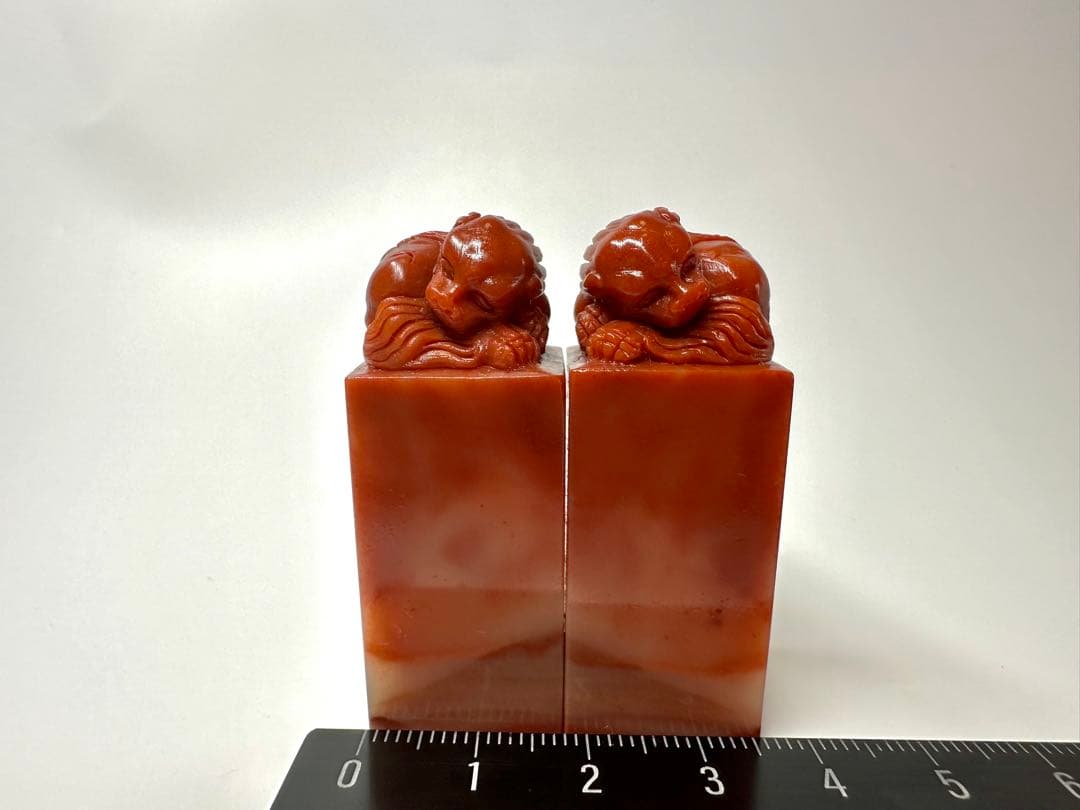 獅子　古獣　朱砂　水凍　ペア印　高級印材　ラオス　篆刻　印材書道　落款　対章