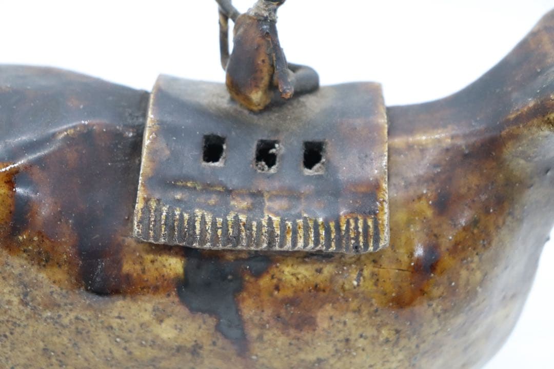 中国　磁州窯　黄釉　牛童子型香炉　送料込み250621