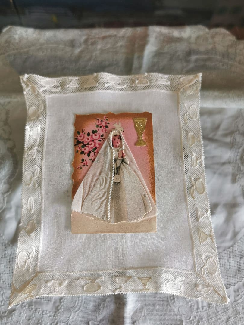 アンティーク ワイングラスモチーフ刺繍レース ＆初聖体式の少女の立体カードセット