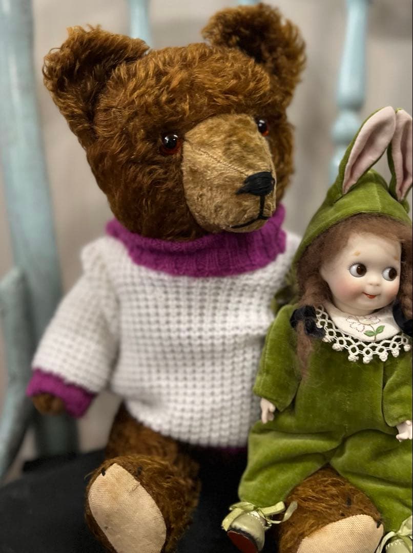 最終お値下げ素朴で可愛いドイツアンティークベア藁詰めグラスアイ鳴きます38㌢