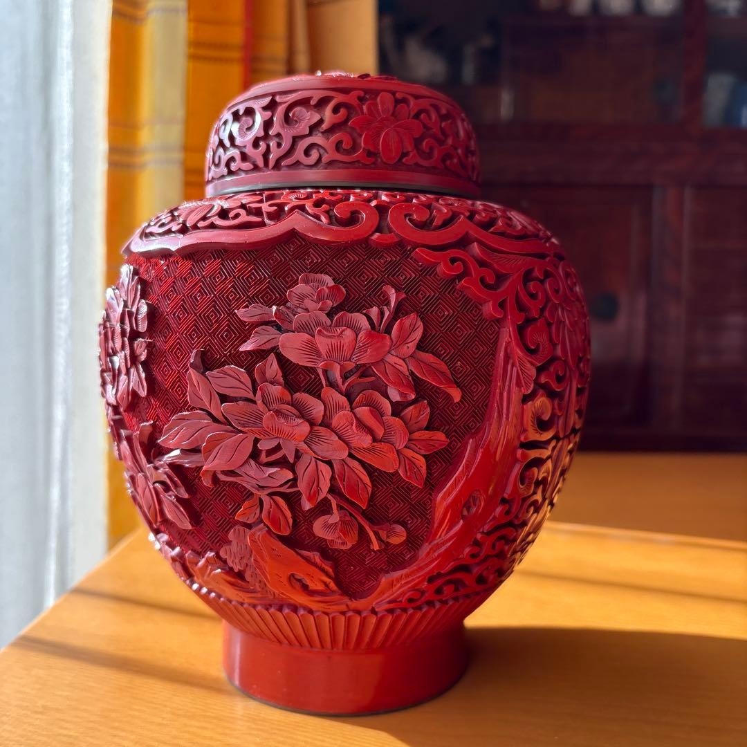 堆朱 蓋付き壺 中国美術 彫刻 骨董品 置物 昭和レトロ アンティーク