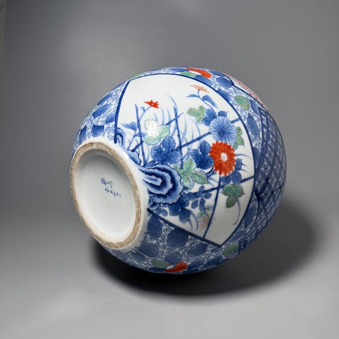 名工　市川忠山　作　色鍋島花瓶　桃　松竹梅　花草　七宝　青海波　鍋島藩　26cm